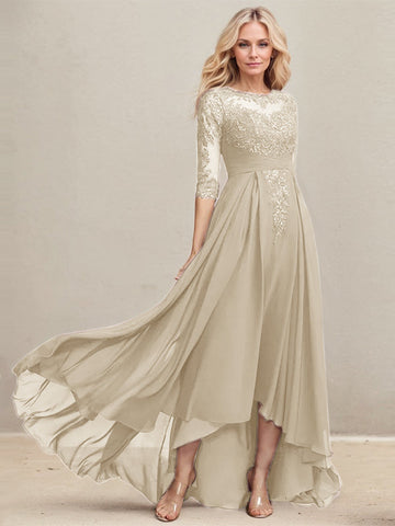 A-line Scoop Illusion Asymmetrical Lace Chiffon Mother of the Bride Dress With Pleated Sequins