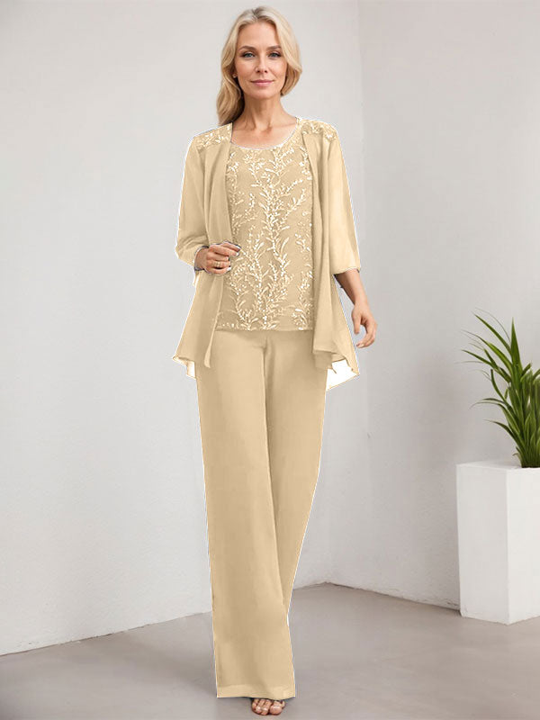 Vestido de novia de gasa con encaje y lentejuelas, estilo mono/pantalón, largo hasta el suelo, con escote redondo.