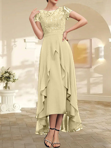 A-line Scoop Illusion Asymmetrical Chiffon Lace Mother of the Bride Dress With Bow Ruffle Sequins