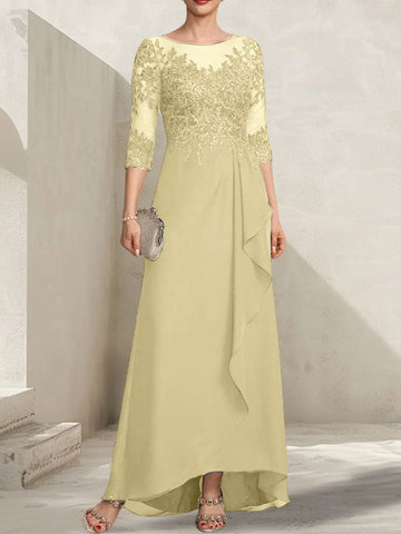 A-line Scoop Illusion Asymmetrical Lace Chiffon Mother of the Bride Dress With Sequins Cascading Ruffles