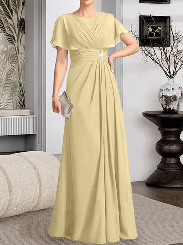 A-line Scoop Floor-Length Chiffon Mother of the Bride Dress With Pleated Beading