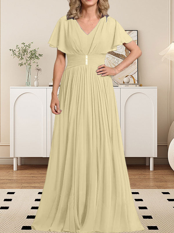 Vestido de gasa de corte A, escote en V, largo hasta el suelo, para la madre de la novia, con broche de cristal y pliegues. 