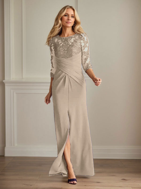 Vestido de madrina de la novia color ciruela, de encaje elástico y corte sirena. 