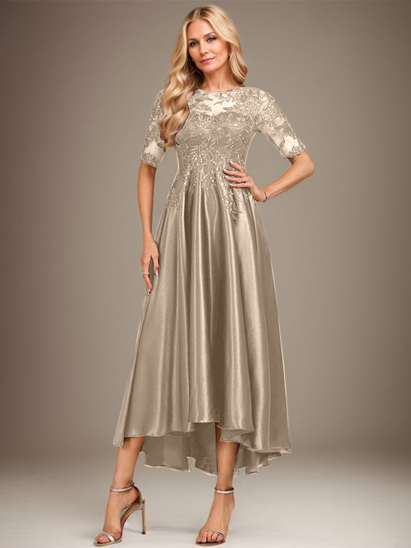 Vestido de madrina de la novia corte A, escote ilusión asimétrico, satén elástico con encaje y lentejuelas 