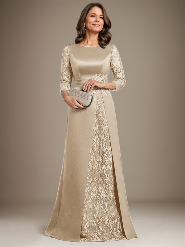 Vestido de novia de corte A, escote redondo, largo hasta el suelo, de satén de encaje, con apliques, para la madre de la novia. 