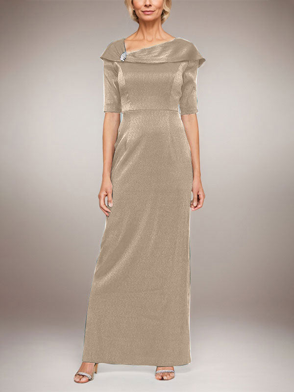 Vestido largo columna brillante con puño doblado, escote en L y mangas al codo