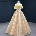 Champagne A-Line Strapless Sexy Evening Dresses 2025 Off Shoulder Feathers Sparkle Formal Dress HM67164