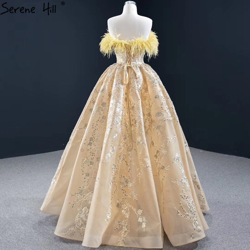 Champagne A-Line Strapless Sexy Evening Dresses 2025 Off Shoulder Feathers Sparkle Formal Dress HM67164