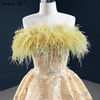 Champagne A-Line Strapless Sexy Evening Dresses 2025 Off Shoulder Feathers Sparkle Formal Dress HM67164