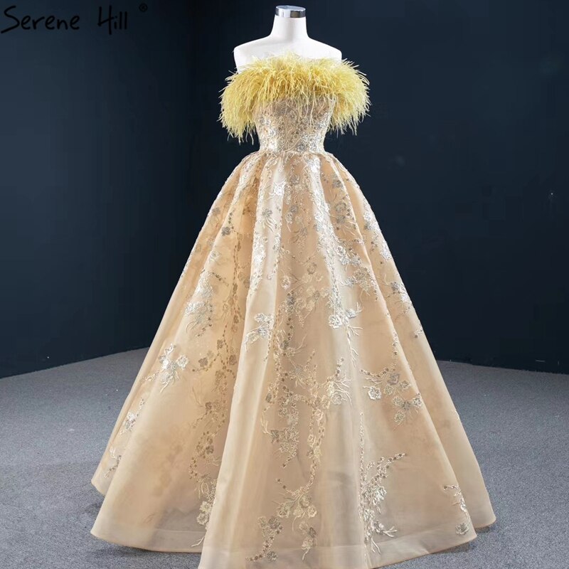 Champagne A-Line Strapless Sexy Evening Dresses 2025 Off Shoulder Feathers Sparkle Formal Dress HM67164