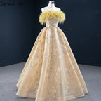 Champagne A-Line Strapless Sexy Evening Dresses 2025 Off Shoulder Feathers Sparkle Formal Dress HM67164