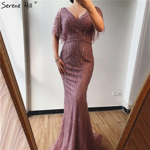 Sale Champagne Dubai Luxury Half Sleeves Evening Dresses 2025 Mermaid Beading Crystal Evening Gowns Design Real Photo LA70163
