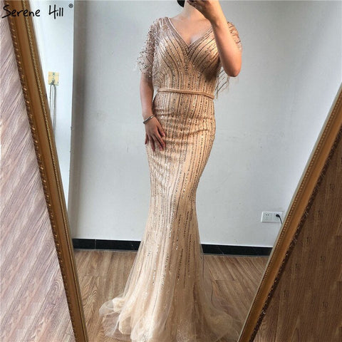 Sale Champagne Dubai Luxury Half Sleeves Evening Dresses 2025 Mermaid Beading Crystal Evening Gowns Design Real Photo LA70163
