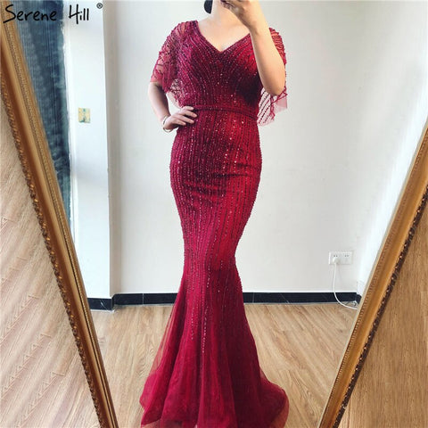 Sale Champagne Dubai Luxury Half Sleeves Evening Dresses 2025 Mermaid Beading Crystal Evening Gowns Design Real Photo LA70163