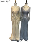 Champagne Dubai Luxury Mermaid Evening Dresses Long Sleeves Diamond Beading Formal Dress 2025 LA70443