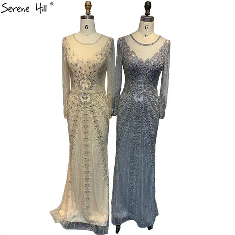 Vestido de noche de sirena de lujo color champán de Dubái, manga larga, con cuentas de diamantes, vestido formal 2025 LA70443 