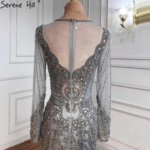 Vestido de noche de sirena de lujo color champán de Dubái, manga larga, con cuentas de diamantes, vestido formal 2025 LA70443 