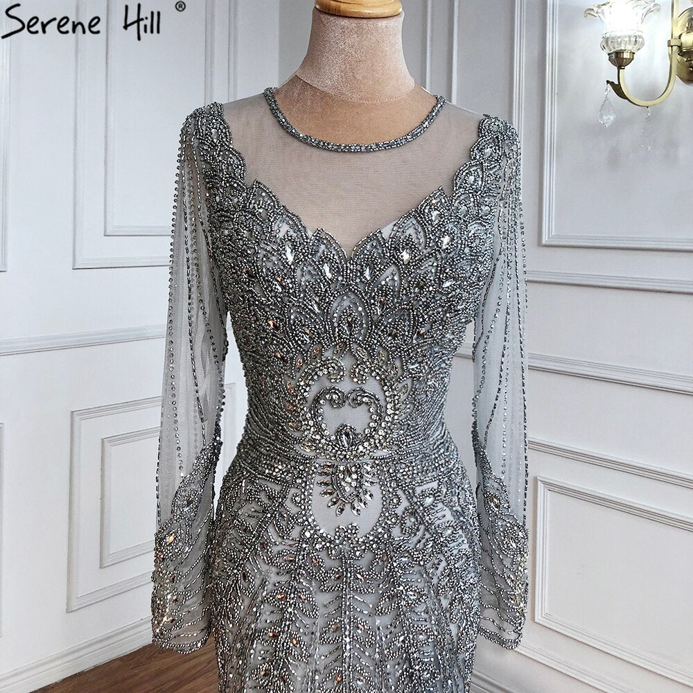 Champagne Dubai Luxury Mermaid Evening Dresses Long Sleeves Diamond Beading Formal Dress 2025 LA70443