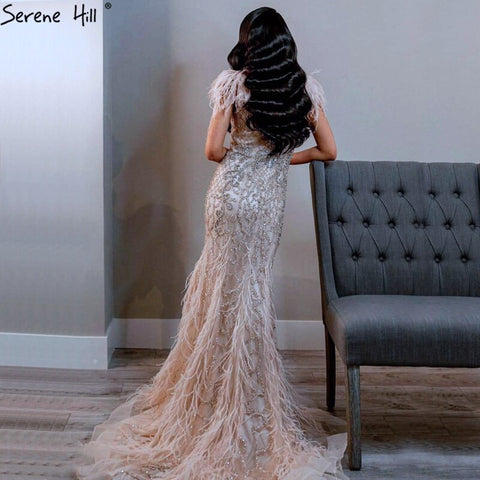Champagne Luxury V-Neck Sexy Mermaid Evening Dresses 2025 Diamond Feathers Sleeveless Formal Dress LA70350