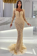 Champagne Mermaid Long Sleeves Sweetheart Prom Dress with Tulle Overskirt