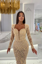 Champagne Mermaid Long Sleeves Sweetheart Prom Dress with Tulle Overskirt