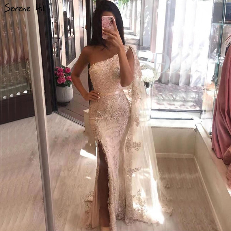 Champagne One Shoulder Mermaid Sexy Evening Dressese Sleeveless Lace Pearls Formal Dress 2025 LA70181