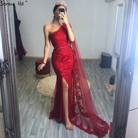 Champagne One Shoulder Mermaid Sexy Evening Dressese Sleeveless Lace Pearls Formal Dress 2025 LA70181