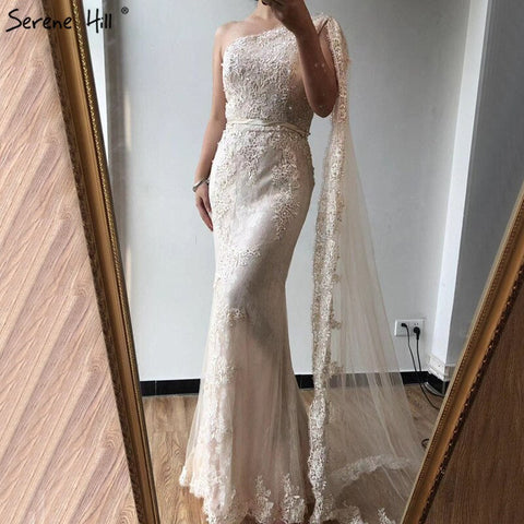 Champagne One Shoulder Mermaid Sexy Evening Dressese Sleeveless Lace Pearls Formal Dress 2025 LA70181
