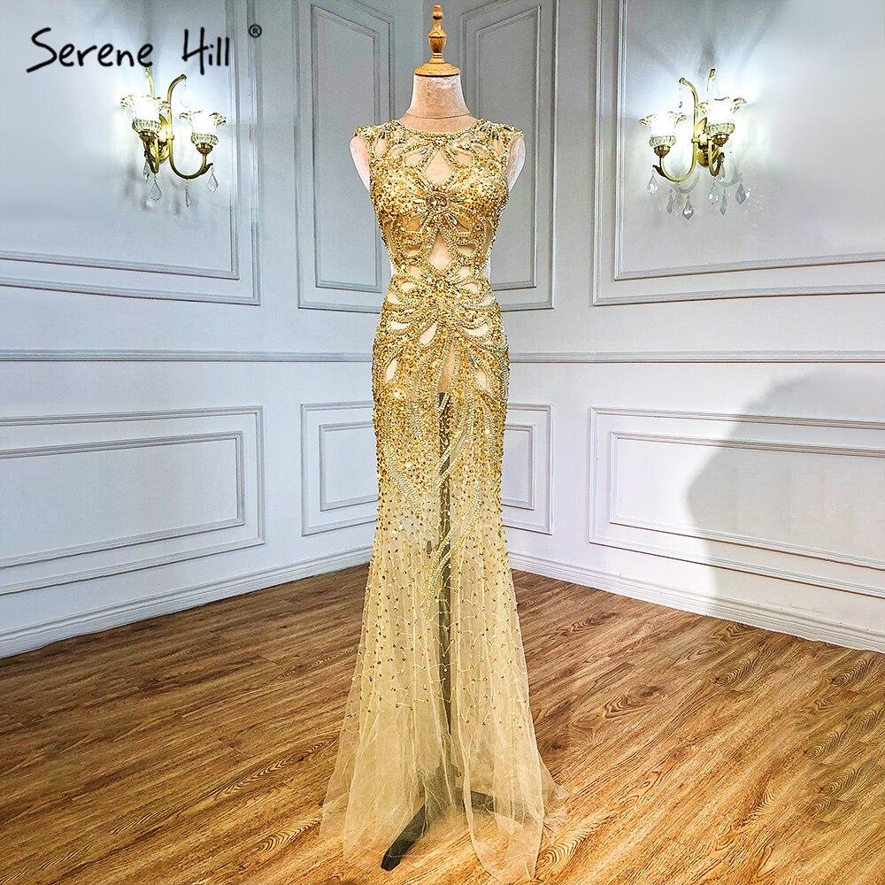 On Sale no return no refund Sale Champagne Transparent Sexy Mermaid Evening Dress Sleeveless Sequined Tulle Evening Gowns 2025 LA6156