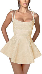 Vestido corto de fiesta de corte A con tirantes finos, de satén, sin mangas, estilo jacquard.