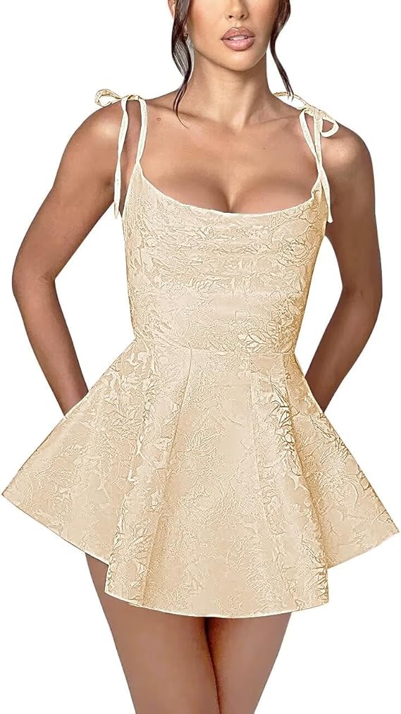 Vestido corto de fiesta de corte A con tirantes finos, de satén, sin mangas, estilo jacquard.