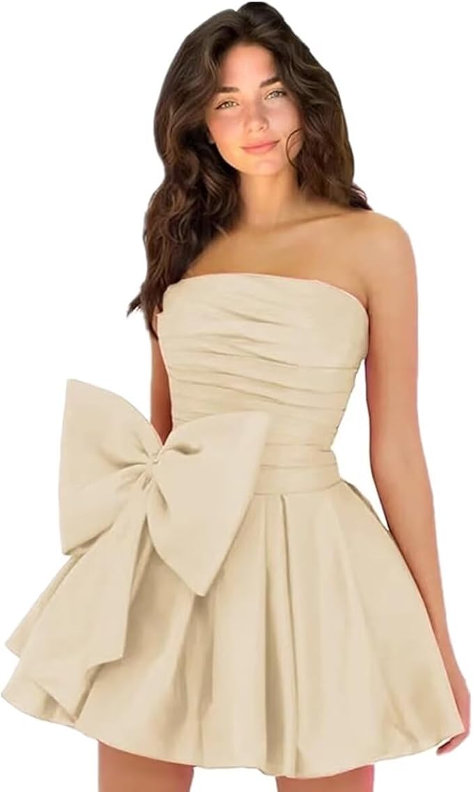 Robes de soirée courtes et chics pour le bal de promo, coupe trapèze, sans manches, bustier, froncées, lacées et ornées d'un nœud.