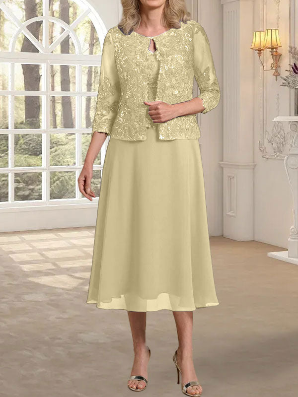 Vestido de novia de corte línea A, escote redondo, largo hasta la rodilla, de encaje y gasa con lentejuelas. 