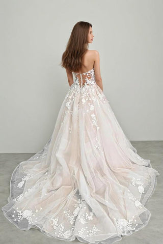 Champagne Tulle Lace Elegant Wedding Dresses Strapless Bridal Gowns WD712