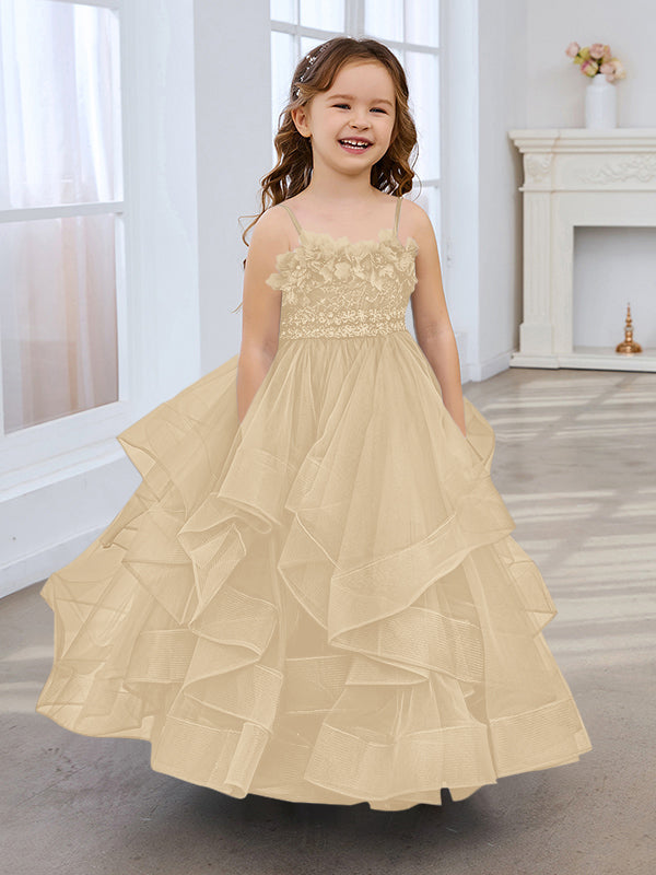 Vestido de niña de las flores de tul sin mangas, corte princesa, azul pizarra, corte en A, estilo princesa 