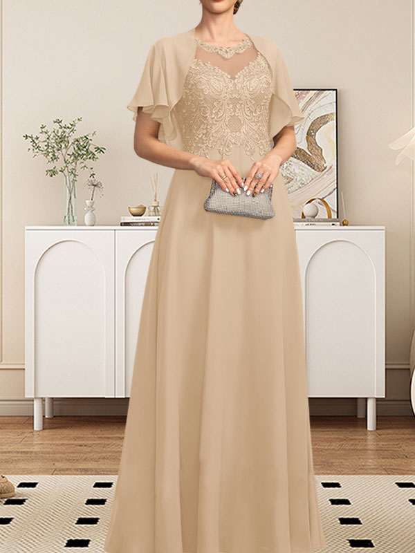 Robe de mère de la mariée en mousseline de dentelle, coupe trapèze, décolleté illusion, longueur au sol, ornée de sequins
