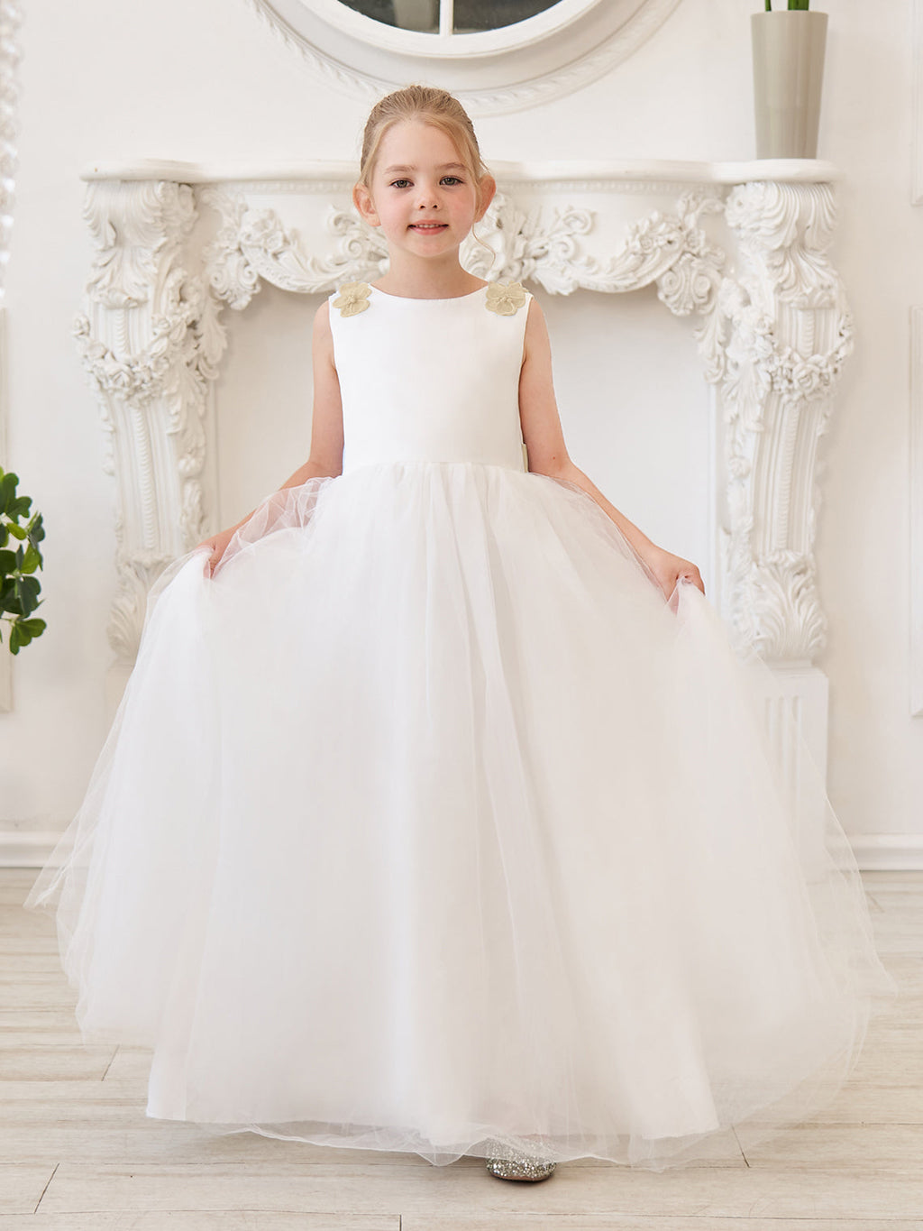 Vestido de princesa/de princesa con flores 3D de tul hasta el suelo, color marfil, para niña de las flores 