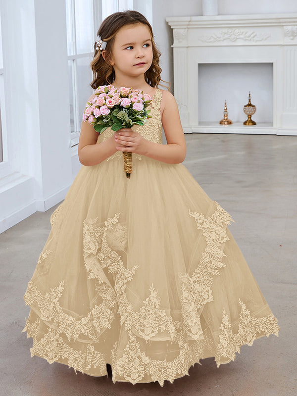 Vestido de princesa sin mangas de tul con apliques de encaje y cola corta para niñas 