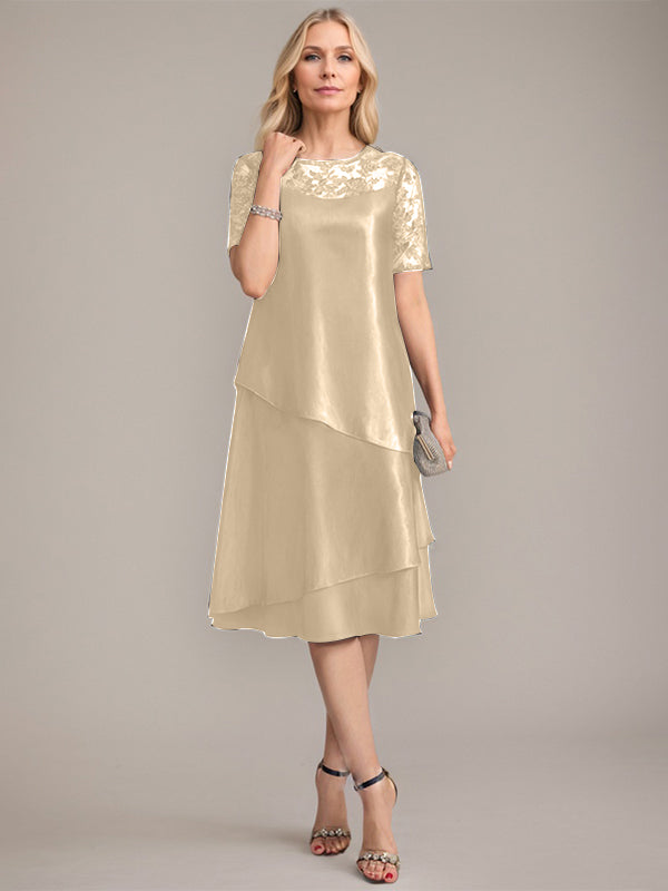 Vestido de corte A, escote redondo, largo hasta la rodilla, para la madre de la novia, con apliques y lentejuelas. 