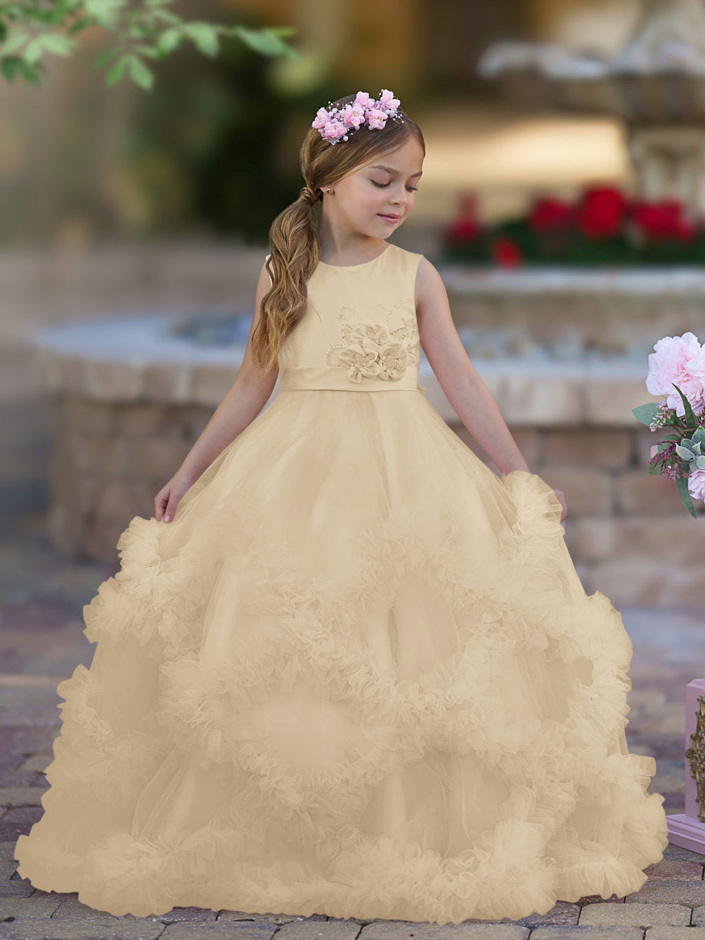 Vestido de niña de las flores de corte A, de satén y tul, hasta el suelo, con volantes en cascada. 