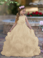 Vestido de niña de las flores de corte A, de satén y tul, hasta el suelo, con volantes en cascada. 