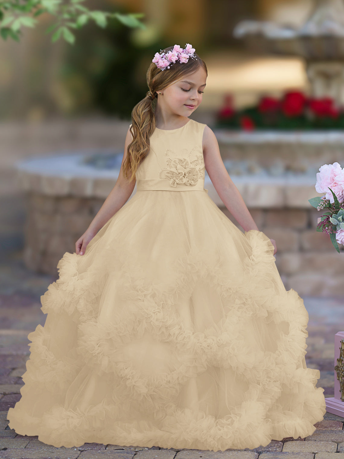 Vestido de niña de las flores de corte A, de satén y tul, hasta el suelo, con volantes en cascada. 