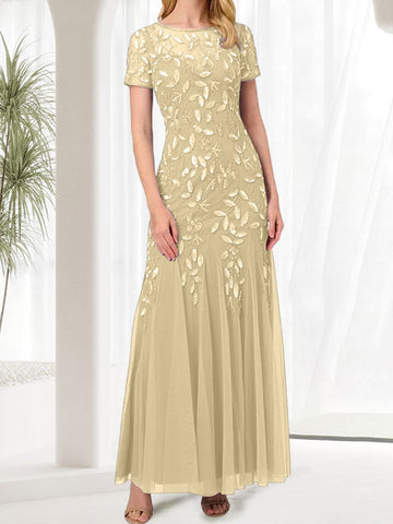 Blue Mermaid Round Neck Long Mother of the Bride Dress With Beadings