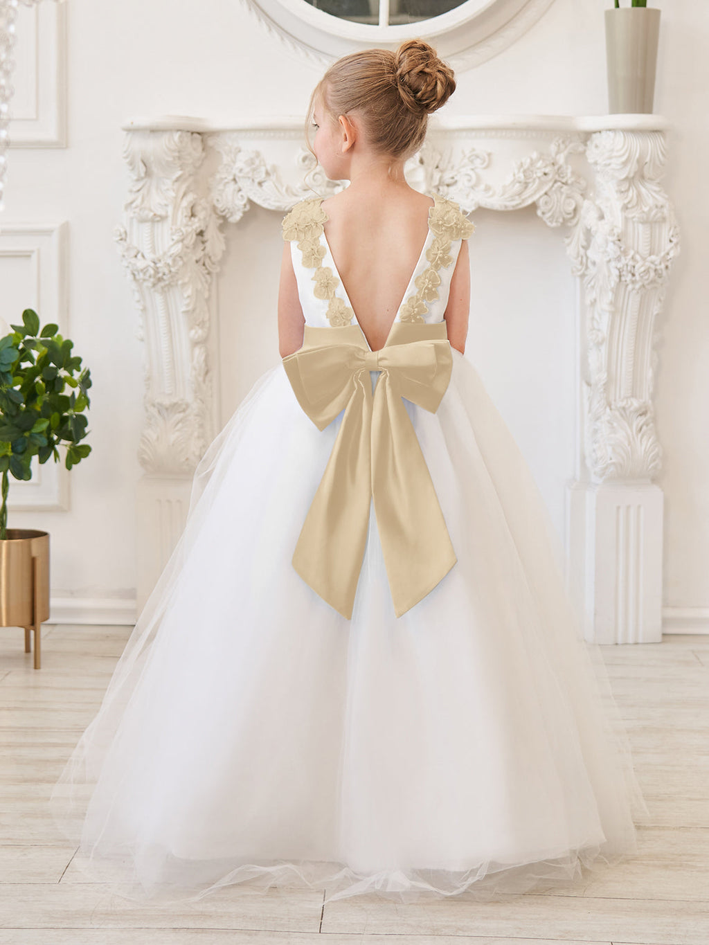 Vestido de princesa/de princesa con flores 3D de tul hasta el suelo, color marfil, para niña de las flores 
