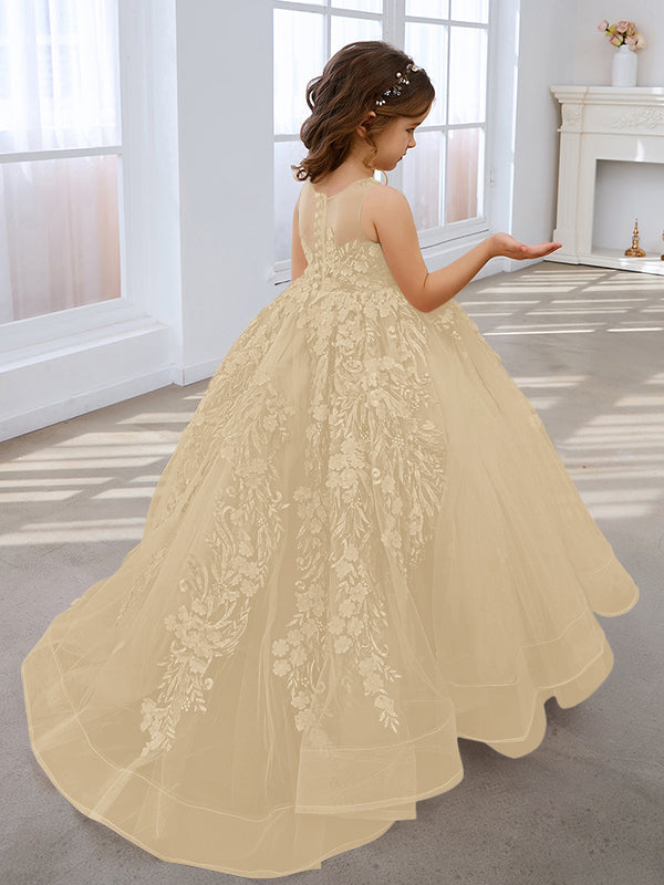 Vestido de princesa rosa para niñas con apliques de encaje 