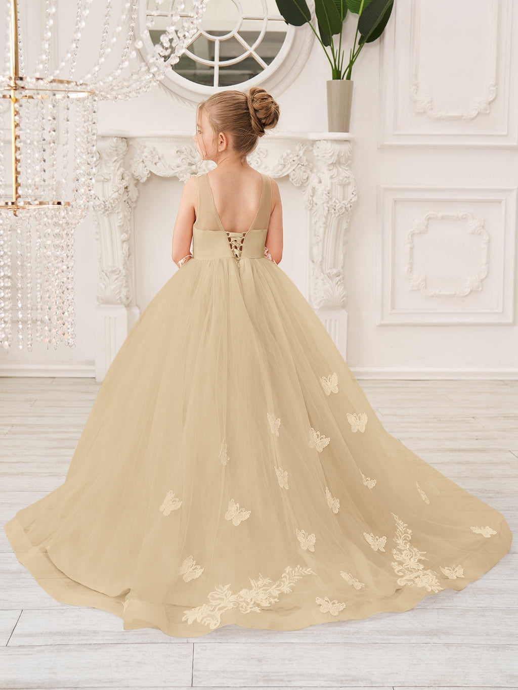 Elegante vestido de princesa sin mangas de tul para niña de las flores, corte en A 