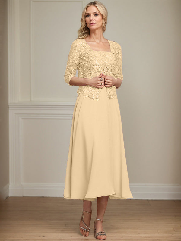 Vestido de corte A, largo midi, de gasa, encaje y lentejuelas para la madre de la novia. 
