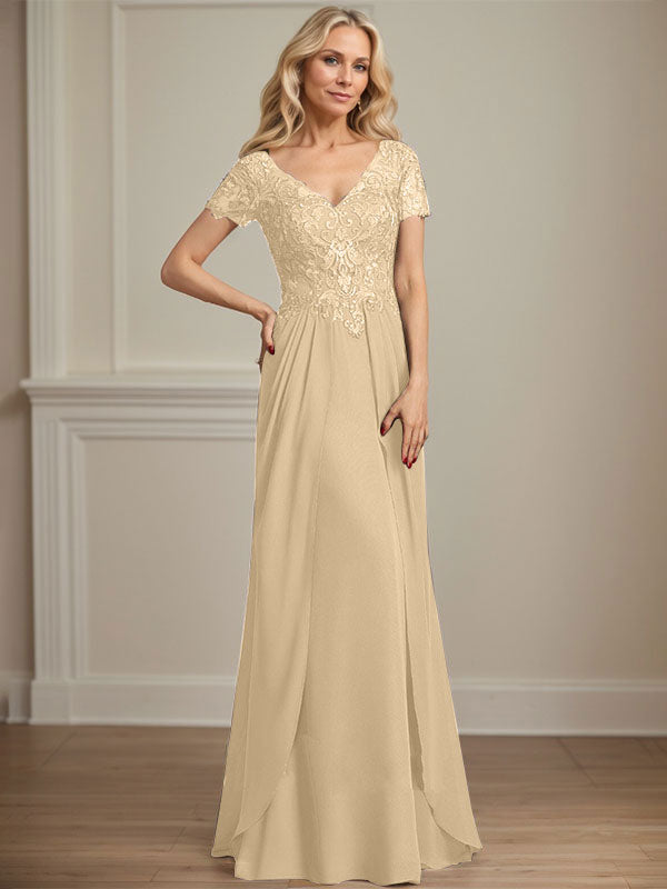 Robe de mère de la mariée en mousseline de soie et dentelle, coupe trapèze, col en V, longueur au sol