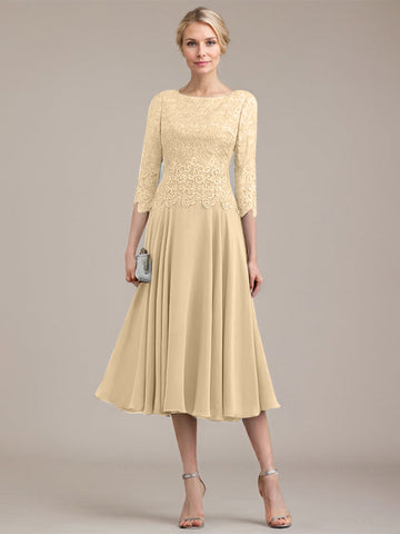 A-line Scoop Tea-Length Lace Chiffon Mother of the Bride Dress