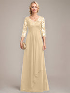Vestido de novia de corte línea A, escote en V, largo hasta el suelo, de gasa de encaje con volantes en cascada y lentejuelas. 